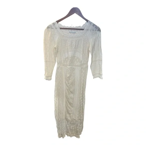 ZARA IVORY CREAM CROCHET LACE MIDI DRESS SIZE US SMALL - Picture 4 of 14